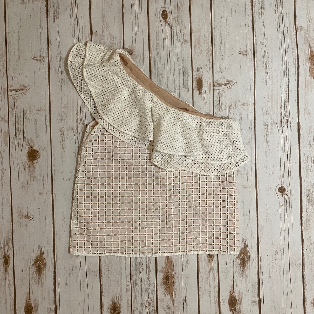 J. Crew White One Shoulder Ruffle Eyelet Top Size 00